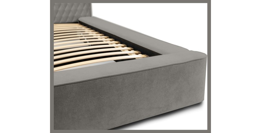 Lit coffre VERNON – Tissu chenille bouclé Cendre taupe – 180x200 cm – Sommier relevable – Design haut de gamme 