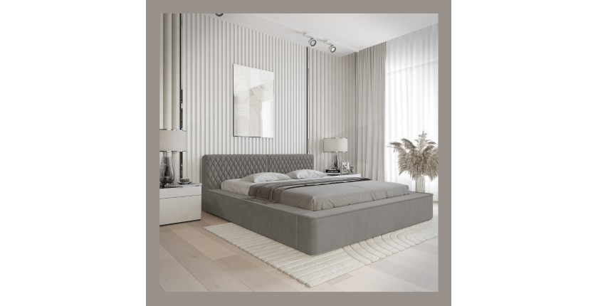 Lit coffre VERNON – Tissu chenille bouclé Cendre taupe – 180x200 cm – Sommier relevable – Design haut de gamme 