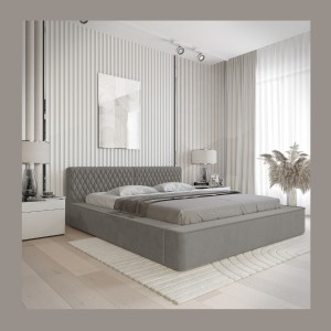 Lit coffre VERNON – Tissu chenille bouclé Cendre taupe – 180x200 cm – Sommier relevable – Design haut de gamme 