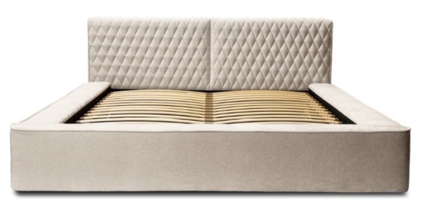 Lit coffre VERNON – Tissu chenille bouclé Sable rosé – 140x200 cm – Sommier relevable – Design haut de gamme 