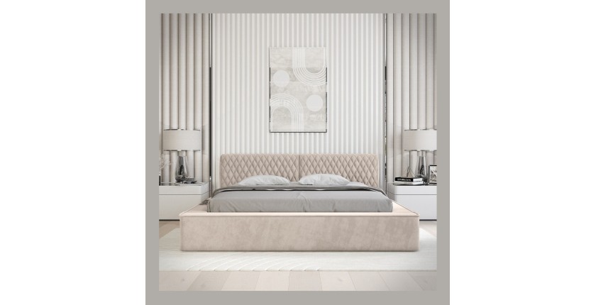 Lit coffre VERNON – Tissu chenille bouclé Sable rosé – 140x200 cm – Sommier relevable – Design haut de gamme