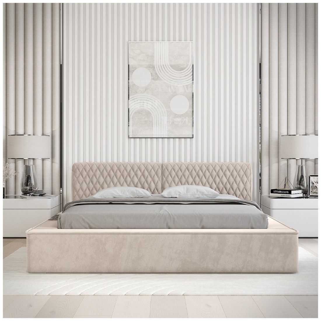 Lit coffre VERNON – Tissu chenille bouclé Sable rosé – 140x200 cm – Sommier relevable – Design haut de gamme