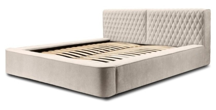 Lit coffre VERNON – Tissu chenille bouclé Sable rosé – 140x200 cm – Sommier relevable – Design haut de gamme 