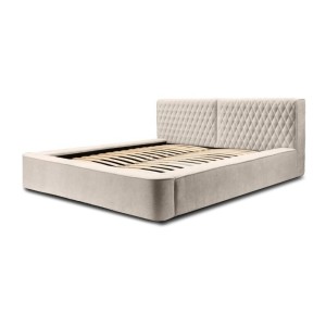 Lit coffre VERNON – Tissu chenille bouclé Sable rosé – 140x200 cm – Sommier relevable – Design haut de gamme 