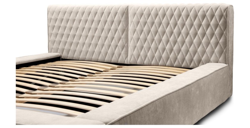 Lit coffre VERNON – Tissu chenille bouclé Sable rosé – 140x200 cm – Sommier relevable – Design haut de gamme 