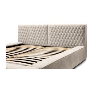 Lit coffre VERNON – Tissu chenille bouclé Sable rosé – 140x200 cm – Sommier relevable – Design haut de gamme 