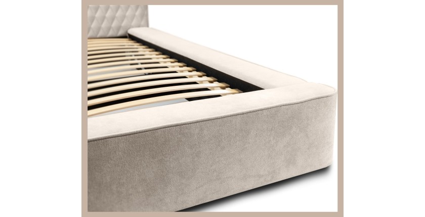 Lit coffre VERNON – Tissu chenille bouclé Sable rosé – 140x200 cm – Sommier relevable – Design haut de gamme 