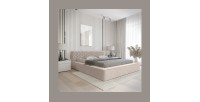 Lit coffre VERNON – Tissu chenille bouclé Sable rosé – 140x200 cm – Sommier relevable – Design haut de gamme 