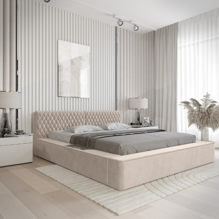 Lit coffre VERNON – Tissu chenille bouclé Sable rosé – 140x200 cm – Sommier relevable – Design haut de gamme 