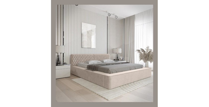 Lit coffre VERNON – Tissu chenille bouclé Sable rosé – 140x200 cm – Sommier relevable – Design haut de gamme 