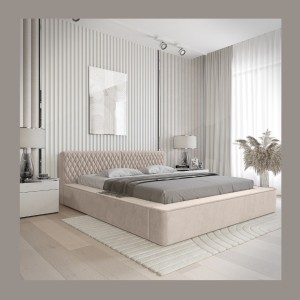 Lit coffre VERNON – Tissu chenille bouclé Sable rosé – 140x200 cm – Sommier relevable – Design haut de gamme 