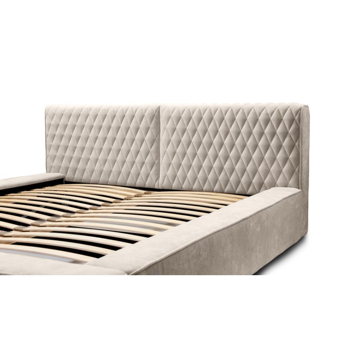 Lit coffre VERNON – Tissu chenille bouclé Sable rosé – 160x200 cm – Sommier relevable – Design haut de gamme 