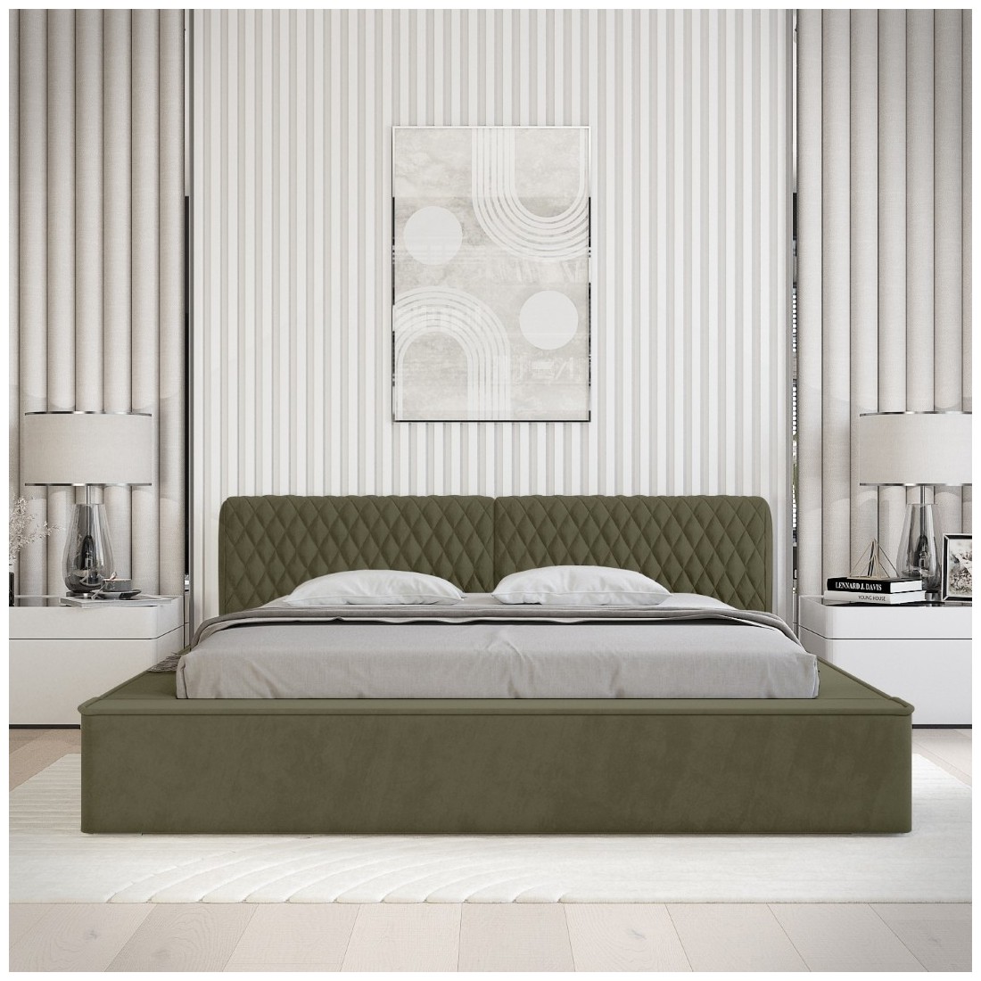 Lit coffre VERNON – Tissu chenille bouclé Feuille d'olivier – 140x200 cm – Sommier relevable – Design haut de gamme