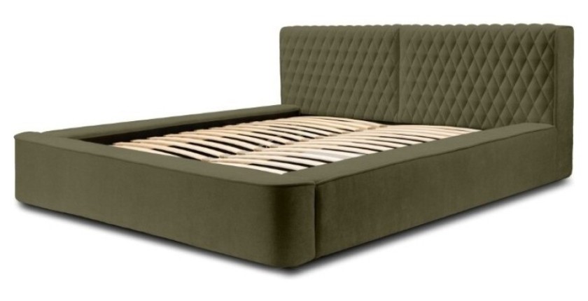 Lit coffre VERNON – Tissu chenille bouclé Feuille d'olivier – 140x200 cm – Sommier relevable – Design haut de gamme 