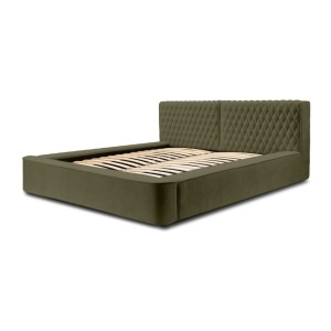 Lit coffre VERNON – Tissu chenille bouclé Feuille d'olivier – 140x200 cm – Sommier relevable – Design haut de gamme 