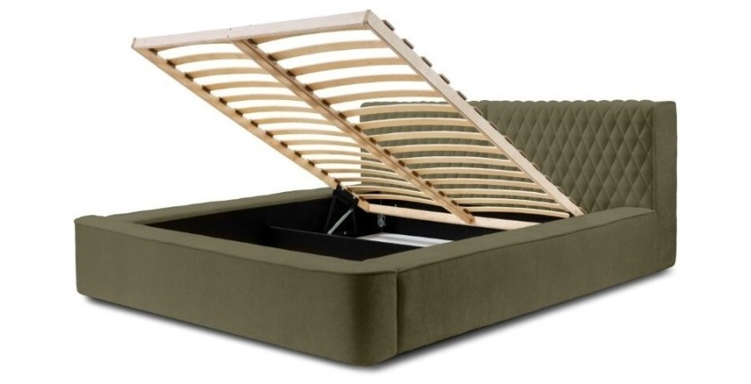Lit coffre VERNON – Tissu chenille bouclé Feuille d'olivier – 140x200 cm – Sommier relevable – Design haut de gamme 