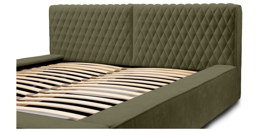 Lit coffre VERNON – Tissu chenille bouclé Feuille d'olivier – 140x200 cm – Sommier relevable – Design haut de gamme 