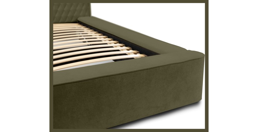 Lit coffre VERNON – Tissu chenille bouclé Feuille d'olivier – 140x200 cm – Sommier relevable – Design haut de gamme 