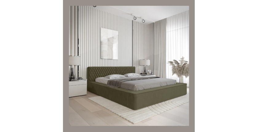 Lit coffre VERNON – Tissu chenille bouclé Feuille d'olivier – 140x200 cm – Sommier relevable – Design haut de gamme 