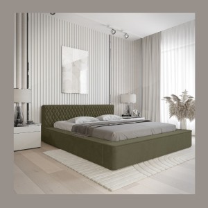Lit coffre VERNON – Tissu chenille bouclé Feuille d'olivier – 140x200 cm – Sommier relevable – Design haut de gamme 