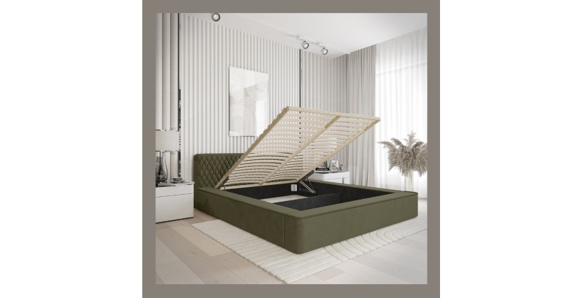Lit coffre VERNON – Tissu chenille bouclé Feuille d'olivier – 140x200 cm – Sommier relevable – Design haut de gamme 