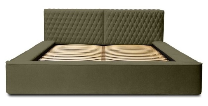 Lit coffre VERNON – Tissu chenille bouclé Feuille d'olivier – 160x200 cm – Sommier relevable – Design haut de gamme 