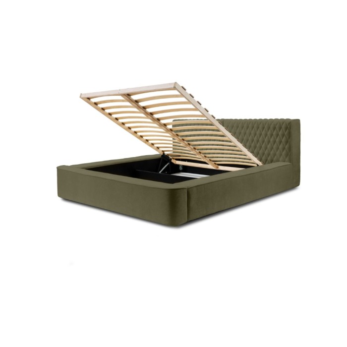 Lit coffre VERNON – Tissu chenille bouclé Feuille d'olivier – 160x200 cm – Sommier relevable – Design haut de gamme 