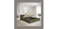 Lit coffre VERNON – Tissu chenille bouclé Feuille d'olivier – 160x200 cm – Sommier relevable – Design haut de gamme 