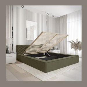 Lit coffre VERNON – Tissu chenille bouclé Feuille d'olivier – 160x200 cm – Sommier relevable – Design haut de gamme 