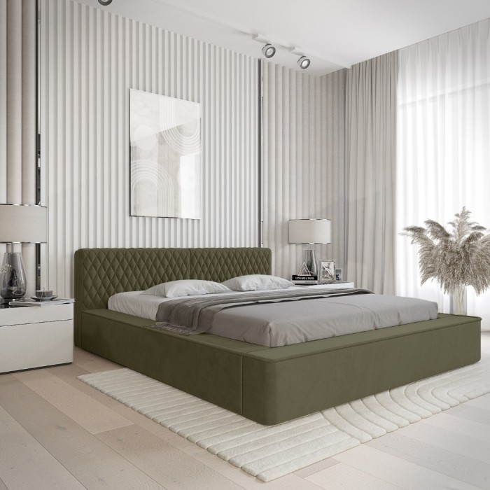 Lit coffre VERNON – Tissu chenille bouclé Feuille d'olivier – 180x200 cm – Sommier relevable – Design haut de gamme 
