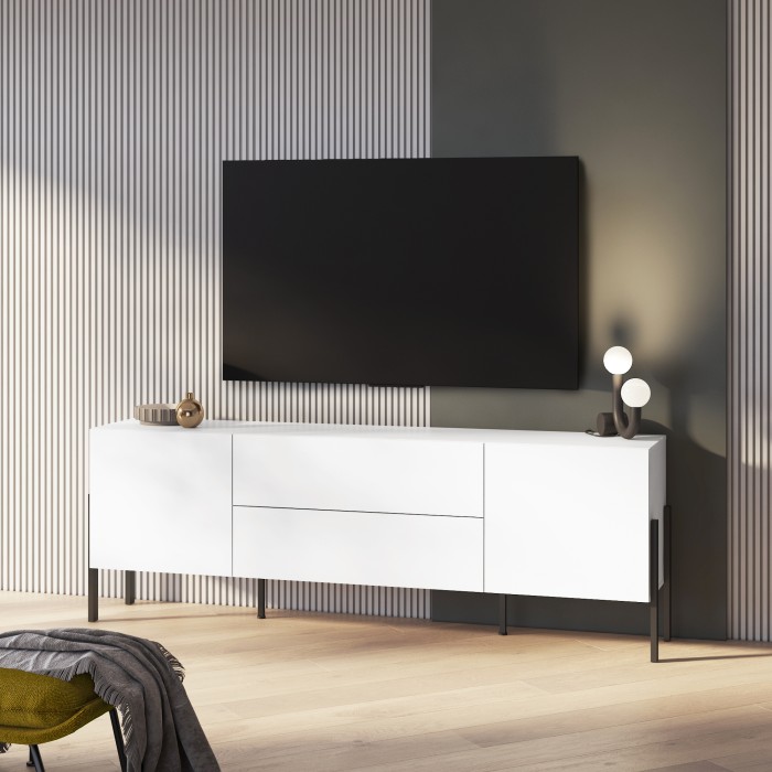 TV-meubel SALMA – 2 deuren & 2 laden Push-to-Open – Supermat wit & mat zwart