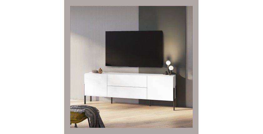 Meuble TV SALMA – 2 portes & 2 tiroirs Push-to-Open – Blanc super mat & noir Mat