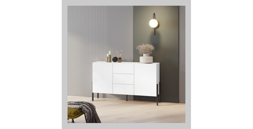 Buffet haut Salma 2 portes & 3 tiroirs Push-to-Open – Blanc super mat & noir mat