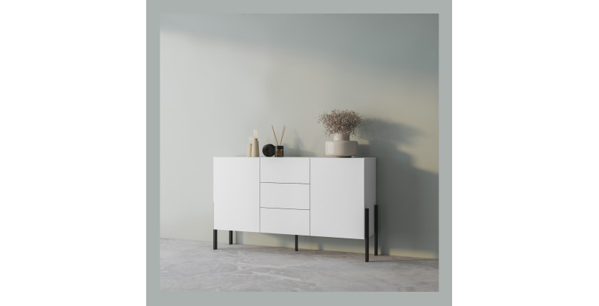Buffet haut Salma 2 portes & 3 tiroirs Push-to-Open – Blanc super mat & noir mat