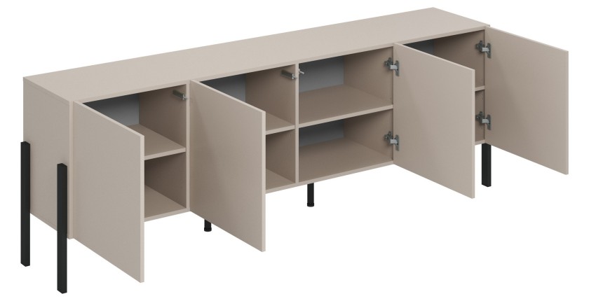 Buffet Salma 4 portes Push-to-Open – beige & noir mat, 204×70×40 cm