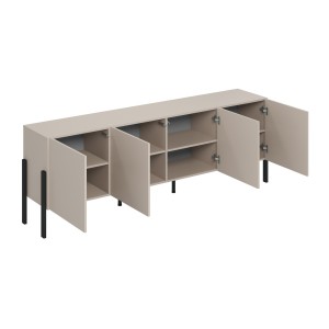Buffet Salma 4 portes Push-to-Open – beige & noir mat, 204×70×40 cm