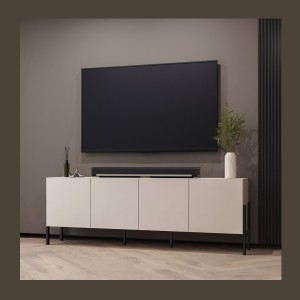 Buffet SALMA 4 puertas Push-to-Open – beige &amp; negro mate, 204×70×40 cm