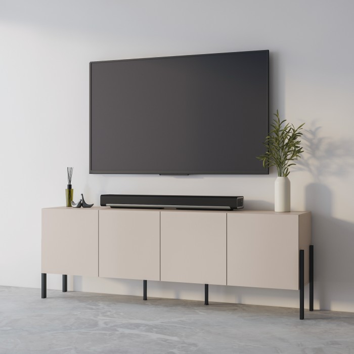 Buffet Salma 4 portes Push-to-Open – beige & noir mat, 204×70×40 cm