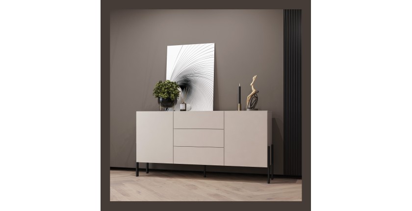 Buffet Salma 2 portes & 3 tiroirs Push-to-Open – beige & noir mat, 184×90×40 cm