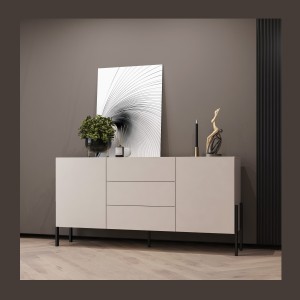 Buffet Salma 2 portes & 3 tiroirs Push-to-Open – beige & noir mat, 184×90×40 cm