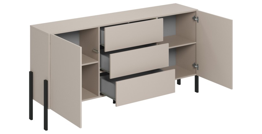 Buffet Salma 2 portes & 3 tiroirs Push-to-Open – beige & noir mat, 184×90×40 cm