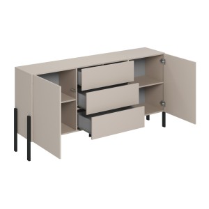 Buffet SALMA 2 puertas &amp; 3 cajones Push-to-Open – beige &amp; negro mate, 184×90×40 cm