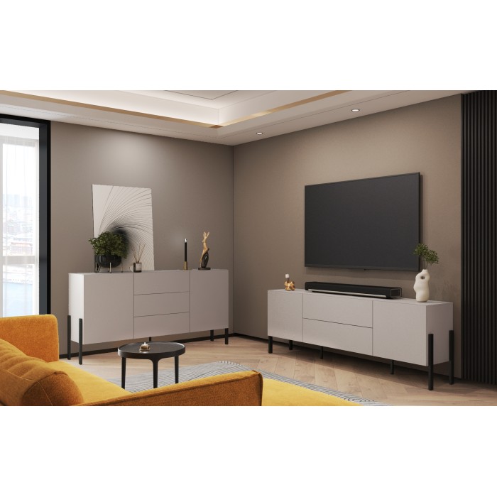 Buffet SALMA 2 ante & 3 cassetti Push-to-Open – beige & nero opaco, 184×90×40 cm