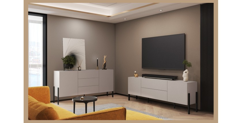 Buffet Salma 2 portes & 3 tiroirs Push-to-Open – beige & noir mat, 184×90×40 cm
