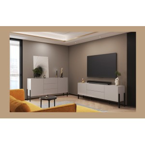 Buffet Salma 2 portes & 3 tiroirs Push-to-Open – beige & noir mat, 184×90×40 cm