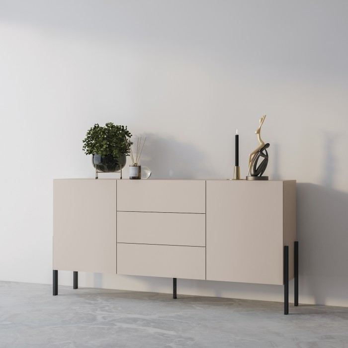 Buffet SALMA 2 ante & 3 cassetti Push-to-Open – beige & nero opaco, 184×90×40 cm