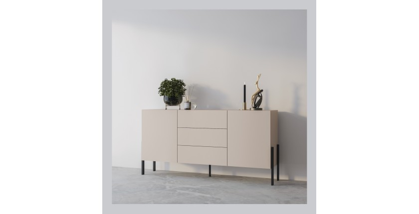 Buffet Salma 2 portes & 3 tiroirs Push-to-Open – beige & noir mat, 184×90×40 cm