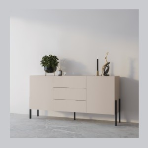 Buffet Salma 2 portes & 3 tiroirs Push-to-Open – beige & noir mat, 184×90×40 cm