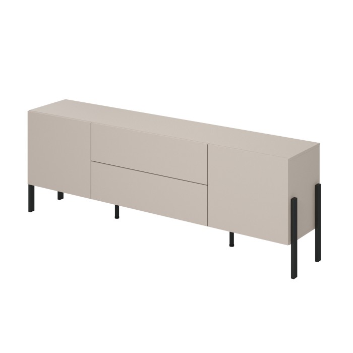 Meuble TV Salma – 2 portes & 2 tiroirs Push-to-Open – beige & noir mat, 207×70×40 cm
