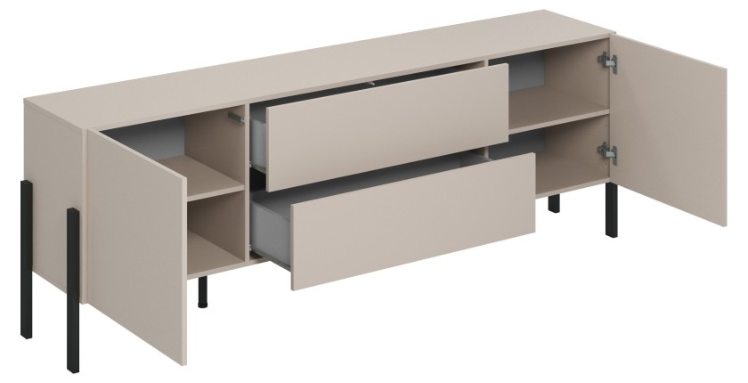 Meuble TV Salma – 2 portes & 2 tiroirs Push-to-Open – beige & noir mat, 207×70×40 cm